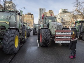 Un enfant regarde des rangées de tracteurs agricoles vendredi sur University Avenue, juste au nord de Queen's Park, alors que des agriculteurs et des camionneurs protestent.