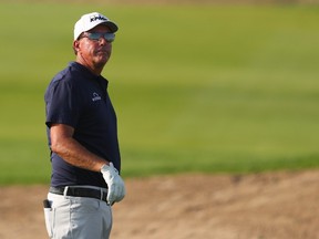 AL MUROOJ, SAUDI ARABIA - FEBRUARY 03: Phil Mickelson of The USA on the 18th fairway during day one of the PIF Saudi International at Royal Greens Golf & Country Club on February 03, 2022 in Al Murooj, Saudi Arabia.