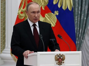 Vladimir Putin speaks during a ceremony to present the highest state awards at the Kremlin in Moscow on Wednesday. He had said this week that fundamental Russian concerns were not being met by the West.