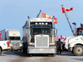 The roadblock on Highway 4 heading towards the Coutts, Alta., border crossing is seen on Feb. 4.