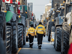 Polizisten aus Toronto gehen am 4. Februar 2022 nördlich des Queens Park durch landwirtschaftliche Traktoren, als Landwirte und Trucker ankommen, um gegen die COVID-19-Beschränkungen zu protestieren.