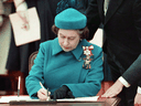 Queen Elizabeth signs Canada's constitutional proclamation in Ottawa on April 17, 1982.