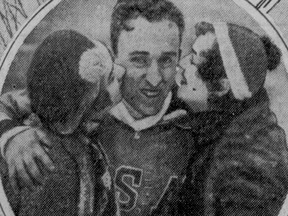 A photo of Irving Jaffee celebrating his Olympic gold medal with friend Bernice Gosnova (left) and sister Florence (right) ran in newspapers across the country in February, 1932.