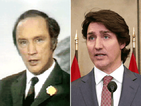 Left, Pierre Trudeau announces that the federal government has proclaimed the War Measures Act on October 16, 1970. Right, Justin Trudeau announces that the federal government has invoked the Emergencies Act on February 14, 2022.