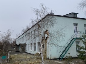 Us Has 'Every Indication' War On Ukraine Is Imminent After Shelling On Front Line An Exterior View Shows A Kindergarten Wall Damaged By What Ukraine Military Officials Describe As Shelling, In Stanytsia Luhanska In The Luhansk Region, Ukraine, In This Handout Picture Released February 17, 2022.