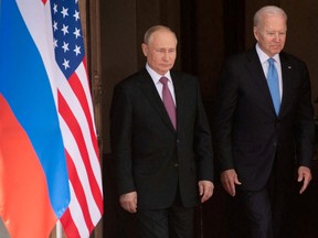 U.S. President Joe Biden, right, and Russian President Vladimir Putin arrive for the U.S.-Russia summit in Geneva, on June 16, 2021.