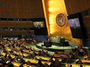 United Nations Secretary General António Guterres speaks during during a special session of the General Assembly at the United Nations headquarters on February 28, 2022 in New York City.