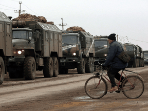 Russian army military vehicles in Armyansk, Crimea, on February 25, 2022.