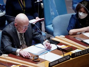 Russia's Ambassador to the United Nations Vassily Nebenzia attends the United Nations Security Council meeting to discuss the ongoing crisis in Ukraine with Russia, in New York City, U.S., February 23, 2022.