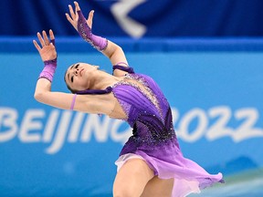 Russia's Kamila Valieva competes in the women's single skating short program of the figure skating team event during the Beijing 2022 Winter Olympic Games.
