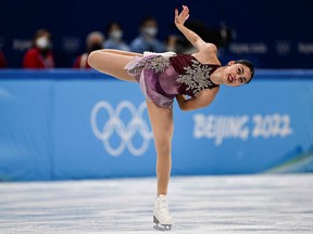 Canada's Madeline Schizas competes in the women's single skating short program of the figure skating team event during the Beijing 2022 Winter Olympic Games.
