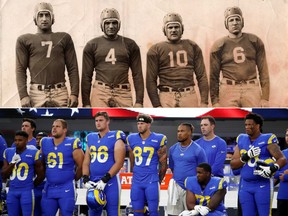 Top: The four members of the Cleveland Rams AFL team who moved to the NFL in 1937. Bottom: Members of the Los Angeles Rams rise for the national anthem in August 2021.