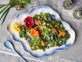 Laing with flowers — greens stewed in coconut milk — from Filipinx