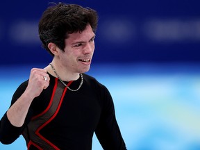 Keegan Messing of Team Canada reacts during the Men Single Skating Short Program on day four of the Beijing 2022 Winter Olympic Games.