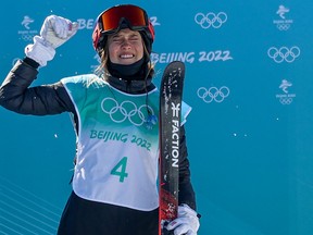 China’s Eileen Gu celebrates her gold medal finish in the women’s big air event at the Beijing 2022 Winter Olympics on Tuesday.