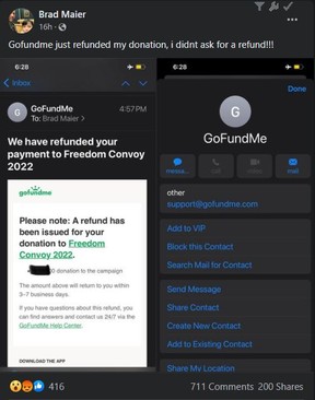 Screenshot von Brad Maiers Facebook-Post über seine zurückerstattete Spende an den Freedom Convoy