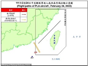 Taiwan's airspace is breached, in the southwest corner of this map, by nine Chinese aircraft on February 24, 2022.
