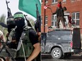 Left: Palestinian militants attend a funeral in Gaza. Right: A Freedom Convoy supporter demonstrates in Ottawa.