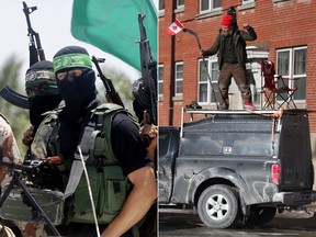 Left: Palestinian militants attend a funeral in Gaza. Right: A Freedom Convoy supporter demonstrates in Ottawa.