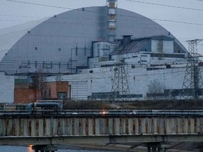 A general view shows the New Safe Confinement (NSC) structure over the old sarcophagus covering the damaged fourth reactor at the Chernobyl Nuclear Power Plant, in Chernobyl, Ukraine.