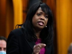 Conservative member of Parliament Leslyn Lewis rises during question period in the House of Commons on Parliament Hill in Ottawa on Thursday, Dec. 2, 2021.