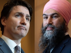 Prime Minister Justin Trudeau, left, and NDP leader Jagmeet Singh, speaking at separate news conferences in Ottawa on Tuesday, March 22, 2022.