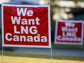 Signs reading "We Want LNG Canada" stand on a lawn in the residential area of Kitimat, British Columbia in 2016.Ben Nelms/Bloomberg.