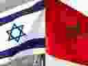 This combination of file pictures created on December 10, 2020 shows a Moroccan flag off the coasts of the city of Cayenne on March 21, 2012 and an Israeli national flag on September 23, 2020.