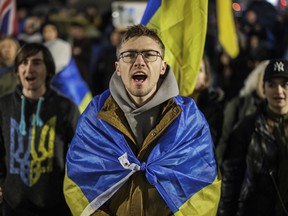 Ukrainians and other demonstrators gather at Trafalgar Square for a protest in support of Ukraine on March 01, 2022 in London, England. Londoners stand with the Ukrainian people on the sixth day of the Russian invasion of their homeland. (Photo by Rob Pinney/Getty Images)