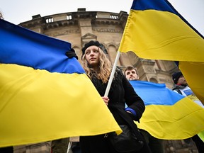 Students demonstrate in support for Ukrainians at Bristow Square on March 3, 2022 in Edinburgh, Scotland.