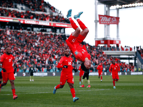 Tajon Buchanan #11 of Canada celebrates a goal during a 2022 World Cup Qualifying match against Jamaica at BMO Field on March 27, 2022 in Toronto. The city would have to spend $64 million in upgrades to BMO Field for the pleasure of hosting five preliminary round 2026 World Cup games.