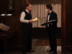 Mark Rylance (left) with filmmaker Graham Moore on the set of The Outfit.