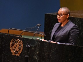 Mathu Joyini, South Africa's ambassador and permanent representative to the United Nations, speaks on the Russia-Ukraine conflict at a General Assembly emergency special session in New York, on March 1.