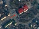 A satellite image shows a view of Mariupol Drama Theatre before it was bombed, with the word 