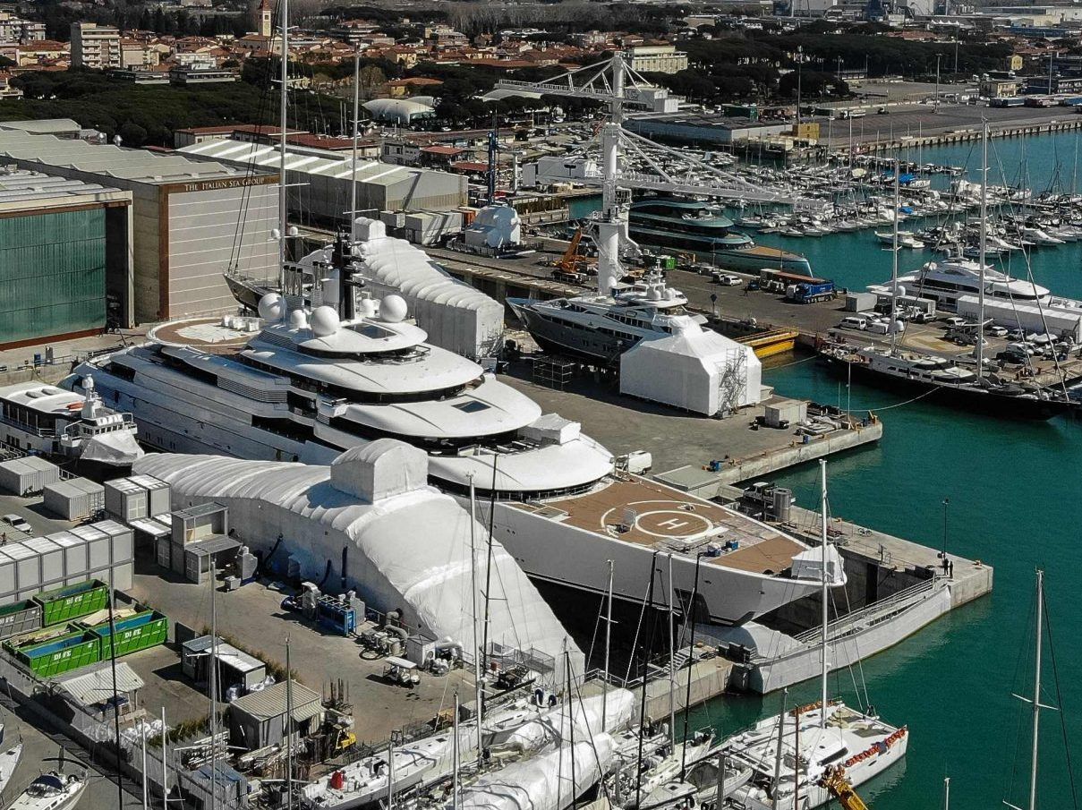 A view shows the Scheherazade in a repair dock at the Tuscan port of Marina di Carrara on March 22, 2022.