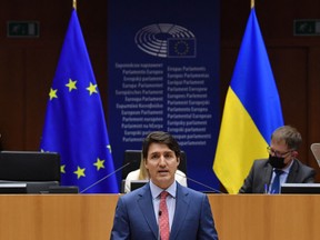 Prime Minister Justin Trudeau speaks during a plenary session of the European Parliament in Brussels, on March 23.