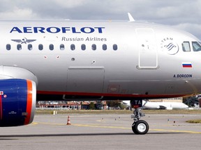 The logo of Russia's flagship airline Aeroflot is seen on an Airbus A320-200 in Colomiers near Toulouse, France, September 26, 2017. Technically, lessors have until March 28 to retrieve the planes under European Union sanctions. But state-owned Aeroflot PJSC and other Russian airlines have already gathered the vast bulk of them back inside the country, out of reach of their owners.