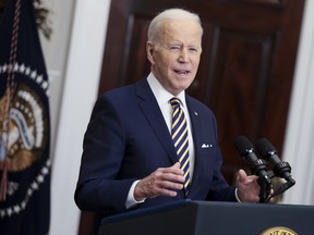 U.S. President Joe Biden announces that the U.S. will ban imports of Russian fossil fuels, during a press conference in the White House in Washington, D.C., on March 8.