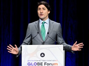Prime Minister Justin Trudeau makes the keynote speech on his emissions reduction plan at the GLOBE Forum 2022 in Vancouver, British Columbia, on March 29, 2022.