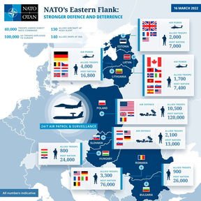 Die NATO hat diese Karte ihrer Ostflanke veröffentlicht, die Europas verstärkte Verteidigung zeigt, um einer möglichen Ausweitung des Krieges in der Ukraine entgegenzuwirken.  Kanadas aktueller Beitrag sind 540 Soldaten in Lettland und eines der Überwachungsflugzeuge.  Auch eine Fregatte ist unterwegs.