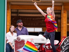 From left, Amy Groening, Rob Wells and Maya V. Henry in Dawn, Her Dad & the Tractor.