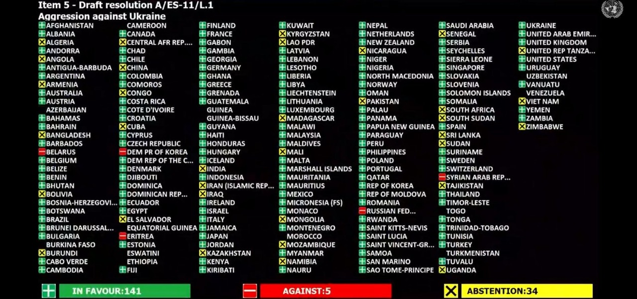 The results of a recent U.N. General Assembly vote demanding Russia’s immediate withdrawal from Ukraine. The only countries openly opposing the resolution (aside from Russia and Belarus) were North Korea, Syria and Eritrea.