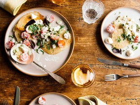 Hoecakes with fresh mozzarella, tomato and soybeans from Grist