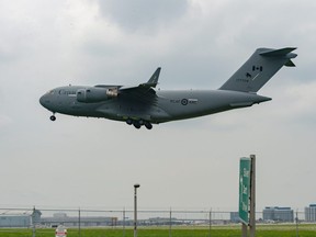 Royal Canadian Air Force C-17 Globemaster arrives at Toronto Pearson International Airport from Ali Al Salem Air Base in Kuwait  on Sunday, Aug. 8 2021, carrying a humanitarian airlift of Afghan refugees.