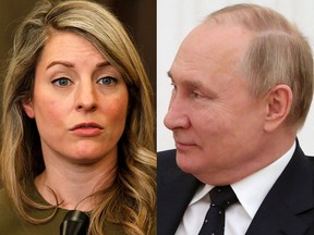 While discussing the invasion of Ukraine by Russian President Vladimir Putin, right, Canadian Foreign Minister Mélanie Joly said that while Canada is not a military power, it does have "convening" power.