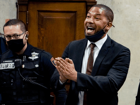 Actor Jussie Smollett speaks to Judge James Linn after his sentence is read at the Leighton Criminal Court Building, Thursday, March 10, 2022, in Chicago.
