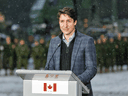 Prime Minister Justin Trudeau holds a news conference at the end of a visit of the Adazi military base in Latvia, March 8, 2022.