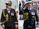 Generalgouverneurin Julie Payette (links) und Generalgouverneur David Johnston (rechts) tragen beide ihre offiziellen Uniformen als Oberbefehlshaber der Royal Canadian Navy.  Sie haben Payette einen anderen Hut gegeben, weil sie eine Dame ist. 