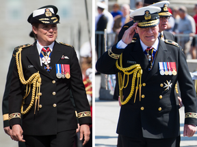 Governor General Julie Payette, left, and Governor General David Johnston, right, both dressed in their official uniforms as commander-in-chief of the Royal Canadian Navy. They gave Payette a different hat because she's a lady.