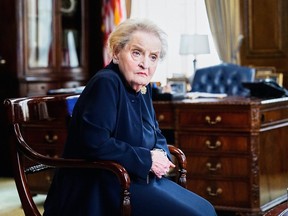 Madeleine Albright, shown in 2018 on set at the television series Madam Secretary.